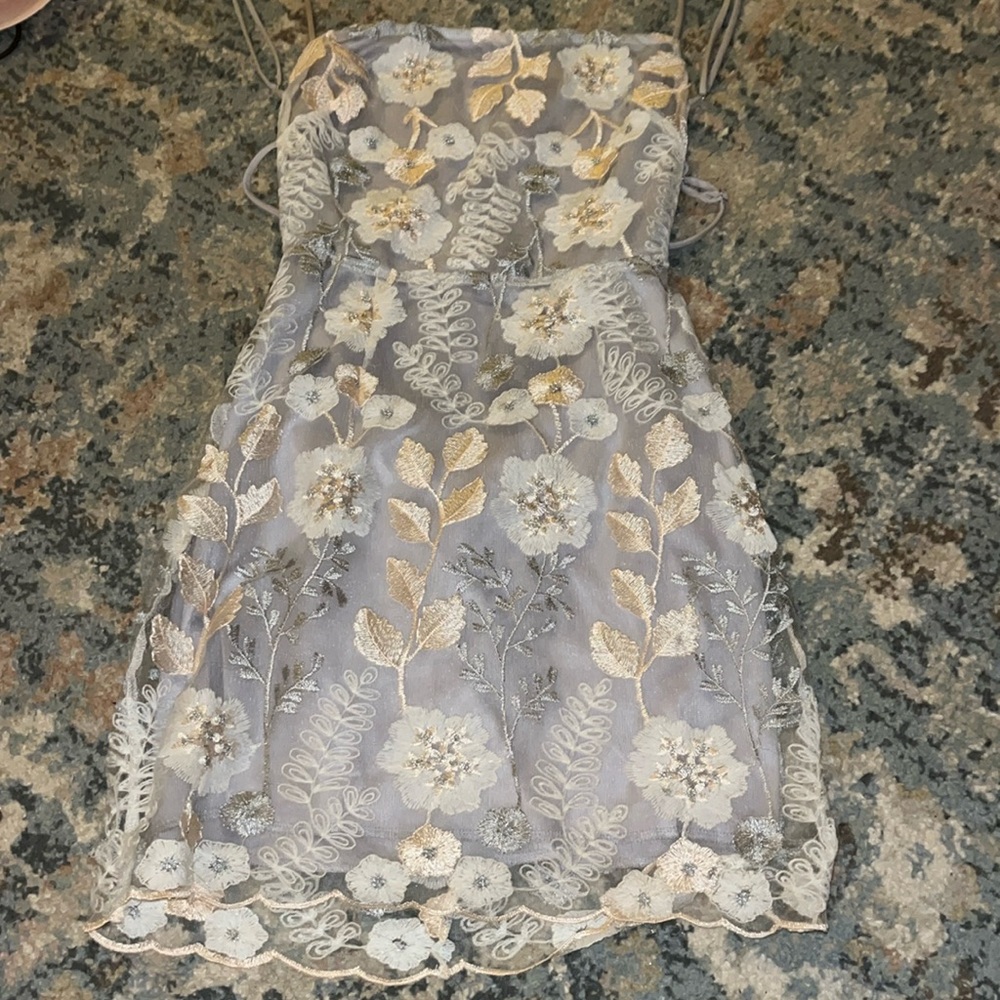 homecoming, Lucy in the sky, mini dress embroidered flowers, gray